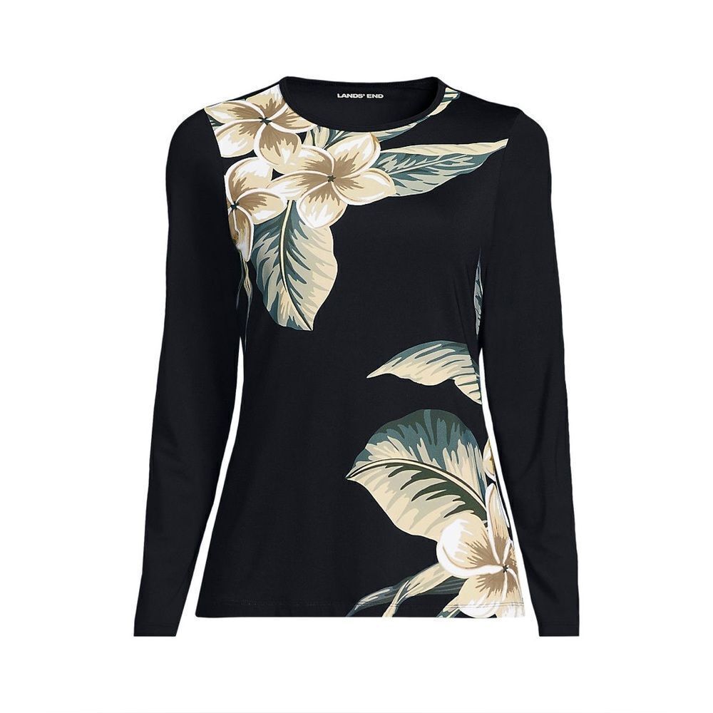 Land's End long sleeve swim tee rashguard black plumeria placement size medium